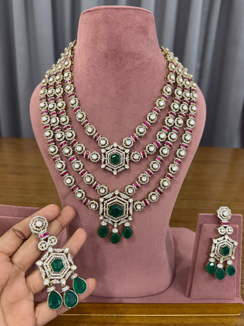 Emerald Green Bridal Kundan and Polki Jewellery Set with Layered Necklace and Statement Earrings