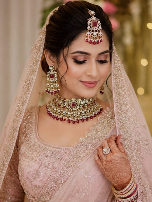 Ruby red Kundan bridal choker with pearl and stone detailing