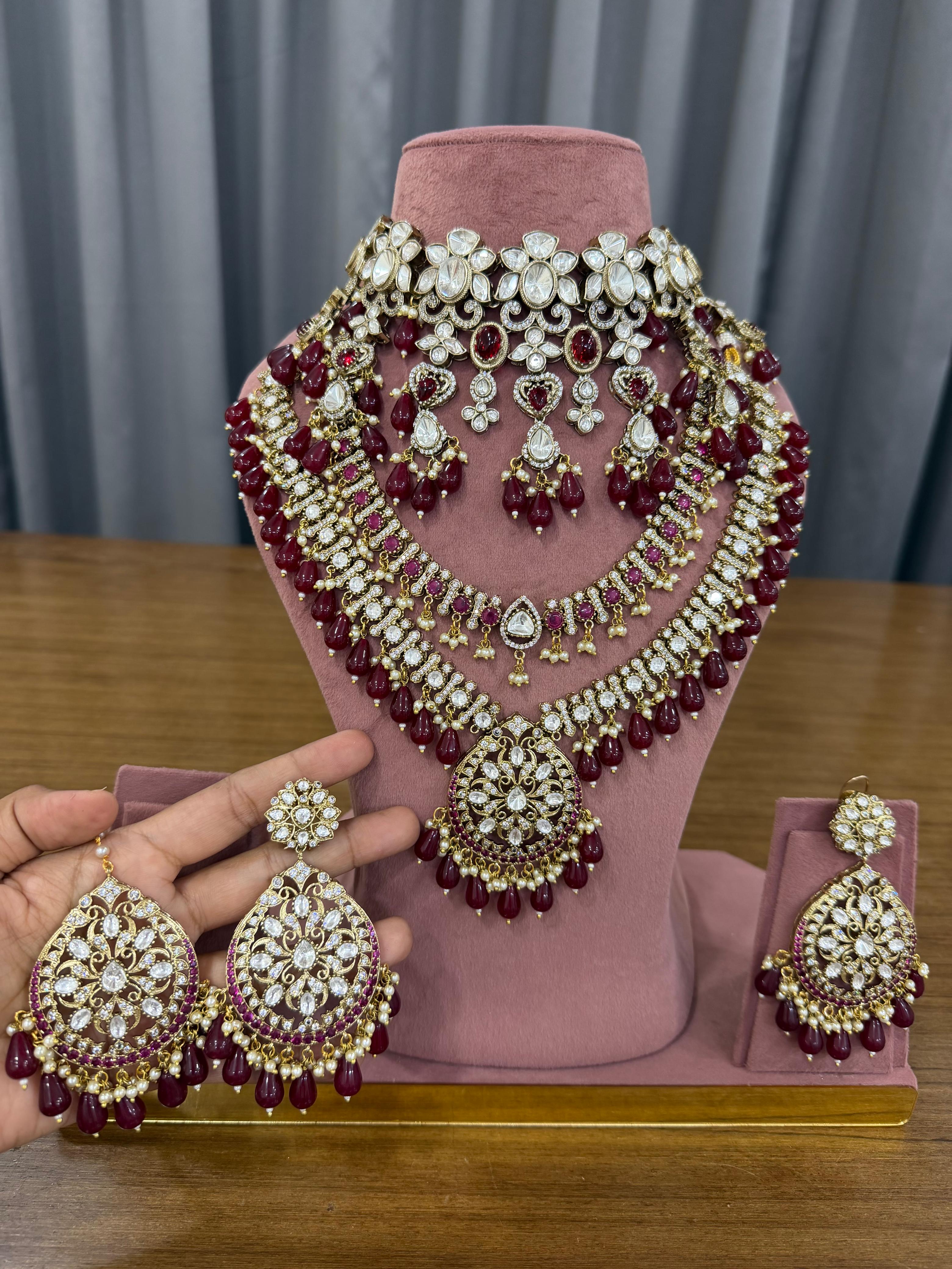 Bridal Kundan Polki jewellery set with choker long necklace maroon beads