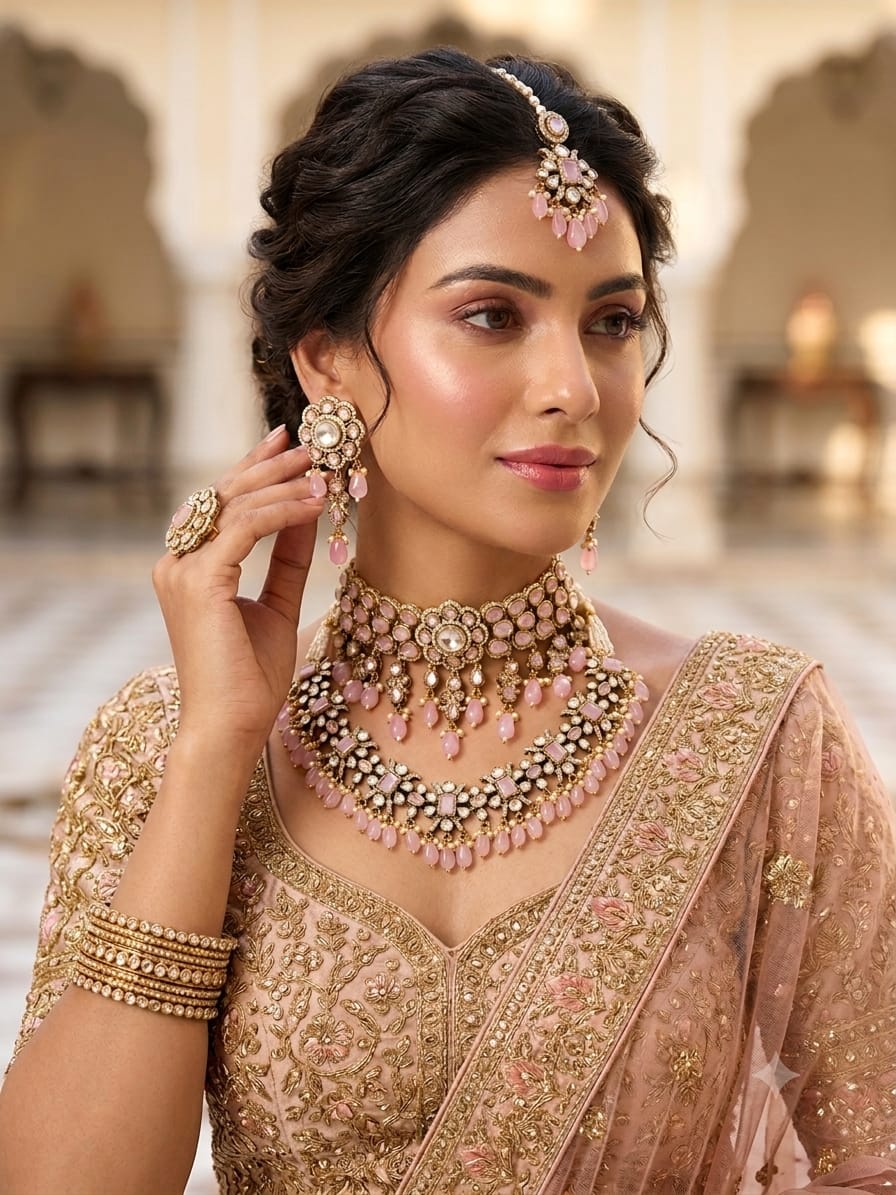 Luxury Pink Kundan Polki Bridal Necklace Set
