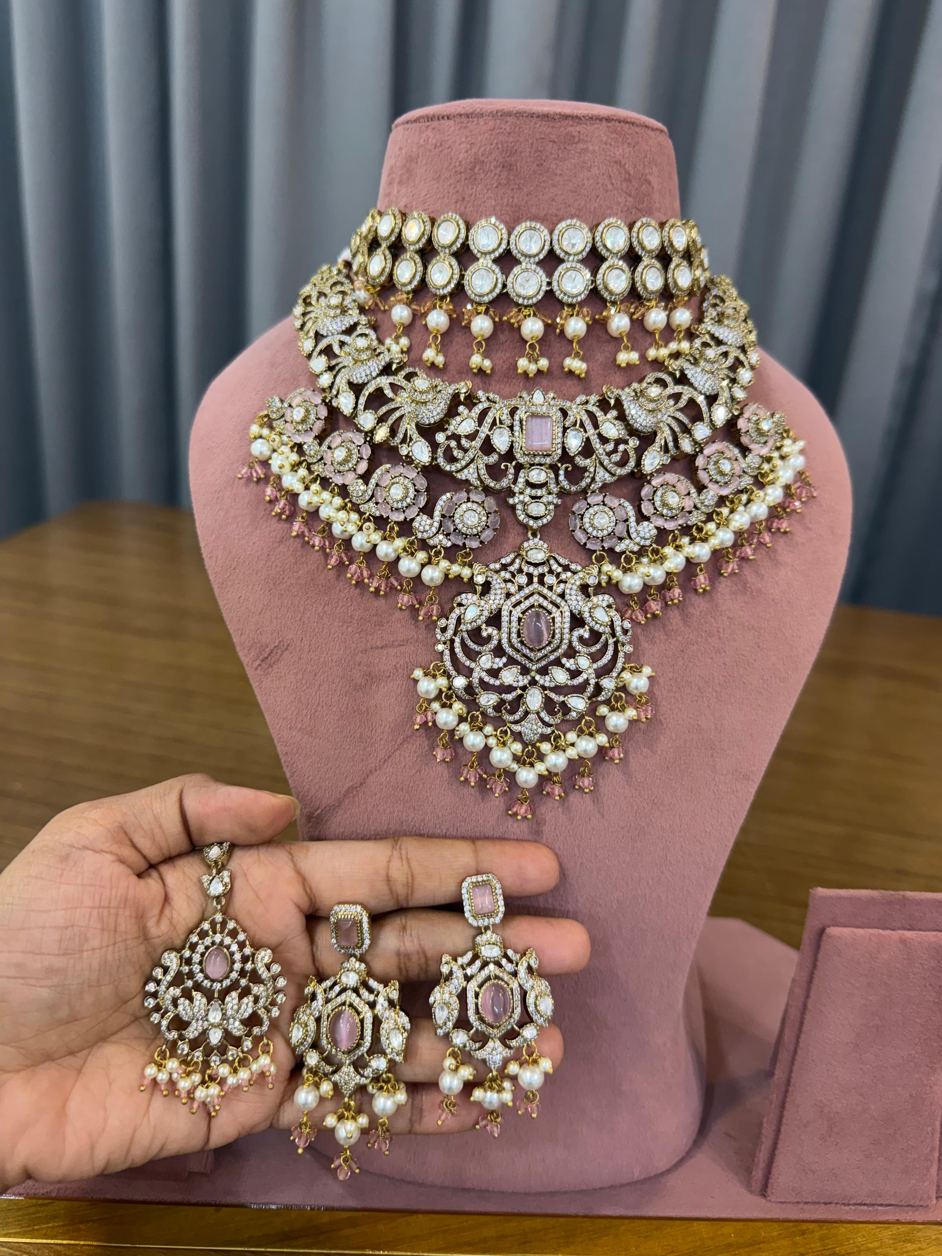 Pink Bridal Kundan Polki Choker Necklace Set with Earrings for Indian Wedding