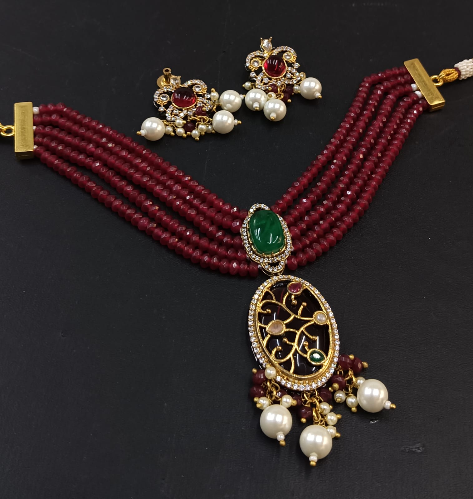 Maroon Bridal Kundan Polki Choker Necklace Set with Earrings