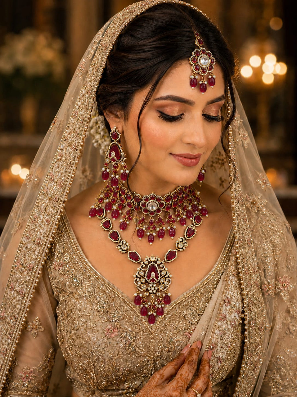 Ruby Red Bridal Kundan Polki Jewellery set
