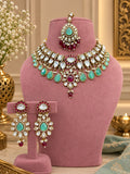 Romantic Mint-Ruby Kundan Polki Choker Set with Maang Tikka - Kundan Polki Bridal Jewellery by Ganesh Kundan & Polki