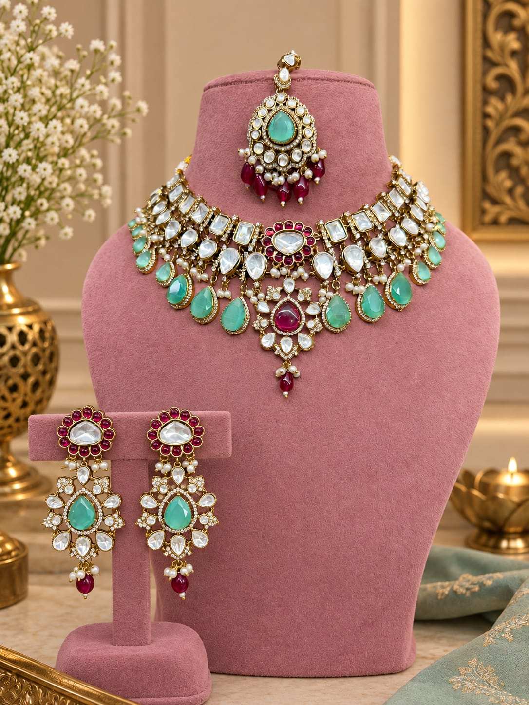 Romantic Mint-Ruby Kundan Polki Choker Set with Maang Tikka - Kundan Polki Bridal Jewellery by Ganesh Kundan & Polki