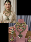 Emerald Green Peacock Kundan Bridal Jewellery Set with Long Necklace and Choker.