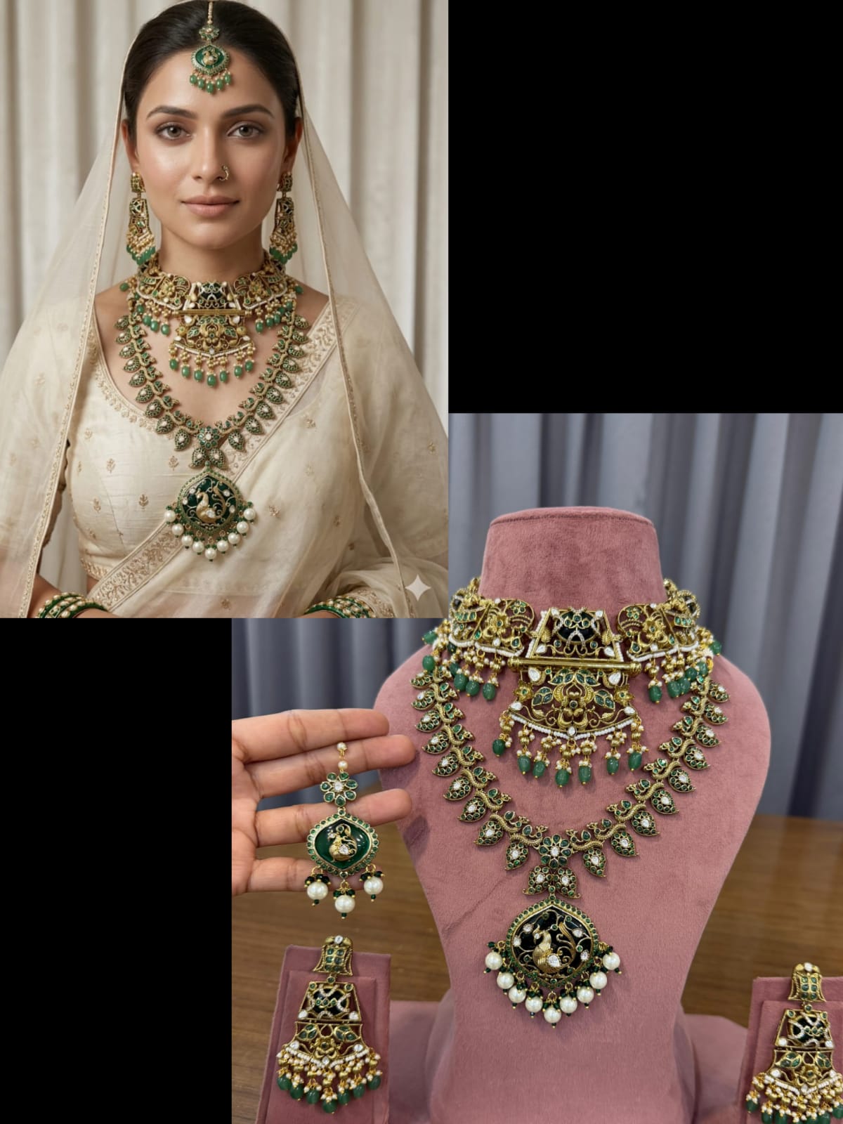 Emerald Green Peacock Kundan Bridal Jewellery Set with Long Necklace and Choker.