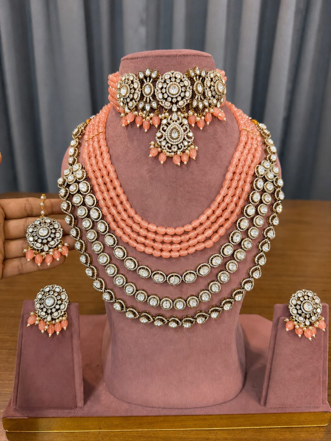 Premium Peach Pink Bridal Kundan & Polki Jewellery Set with Choker, Multi-Layer Beaded Haram, Maang Tikka and Earrings
