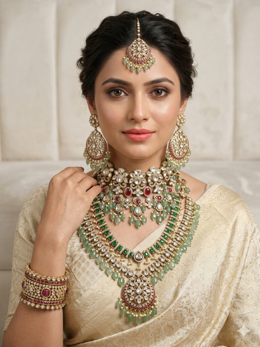 Indian bridal kundan choker set with green beads and ruby stones