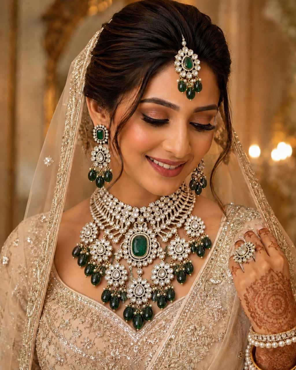 Royal Emerald Green Kundan Polki Bridal Necklace Set