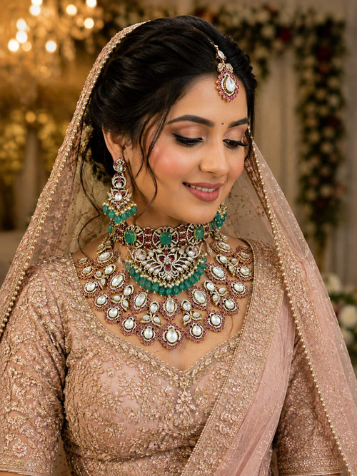 Emerald green and ruby Bridal Kundan jewellery set for wedding