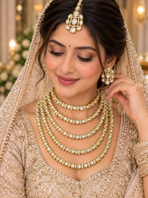 Elegant gold bridal jewellery set with Kundan choker long necklaces and maang tikka