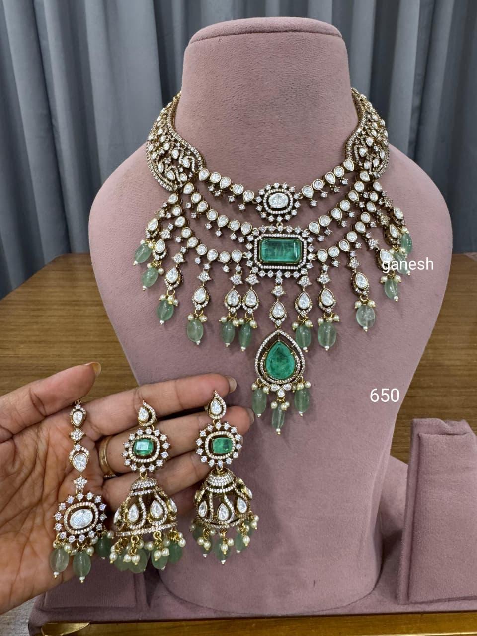 Bridal necklace and earrings with green gemstones