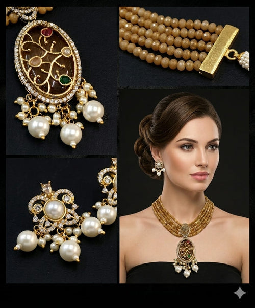 Antique Gold Finish Brown-Stone Kundan Polki Haar Set - Kundan Polki Bridal Jewellery by Ganesh Kundan & Polki (view 2)