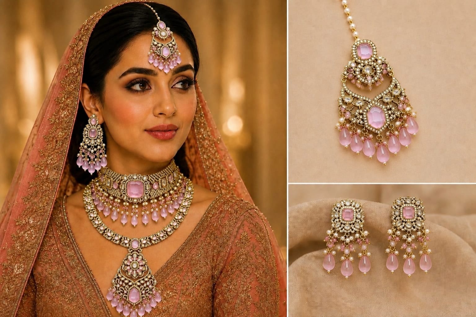 Pink Kundan Polki Bridal Choker Set for Indian Wedding