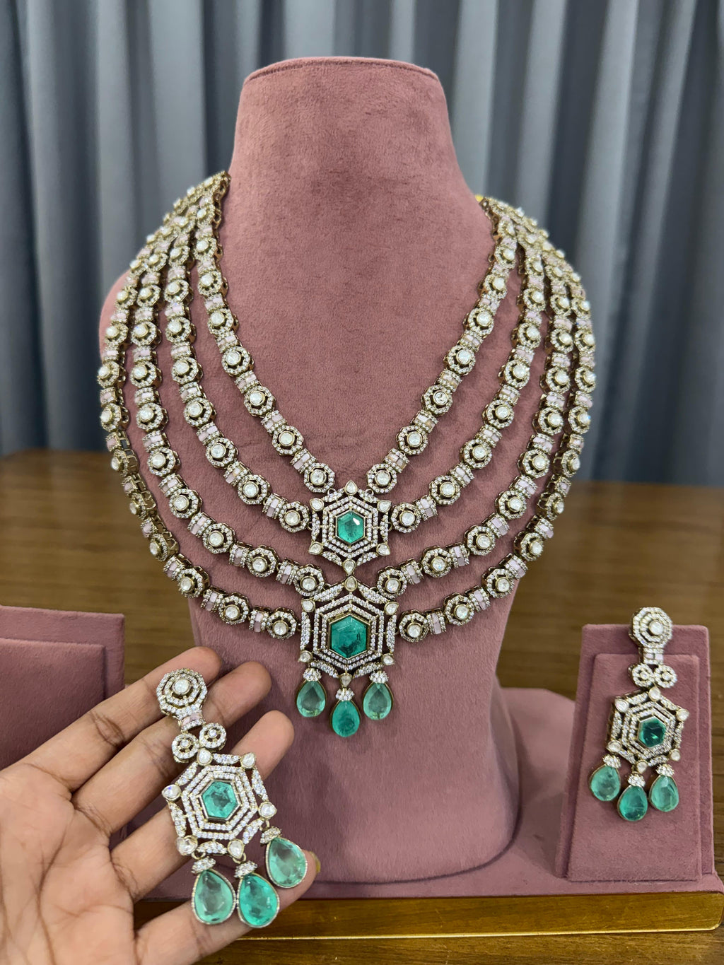 Emerald Green Bridal Kundan and Polki Jewellery Set with Layered Necklace and Earrings