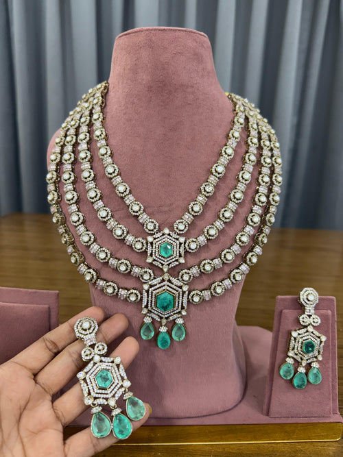 Emerald Green Bridal Kundan and Polki Jewellery Set with Layered Necklace and Earrings