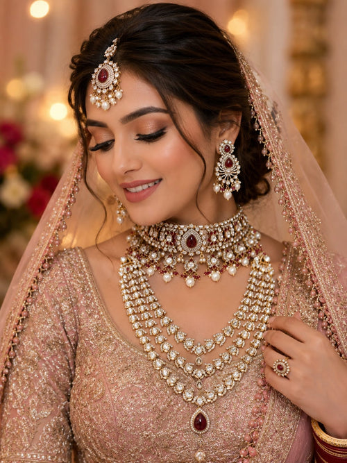 Traditional Indian bridal Kundan Polki jewellery set with ruby red stones
