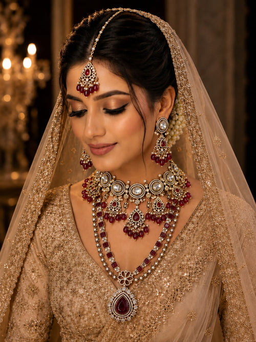Ruby Red Bridal Kundan Long Necklace Set