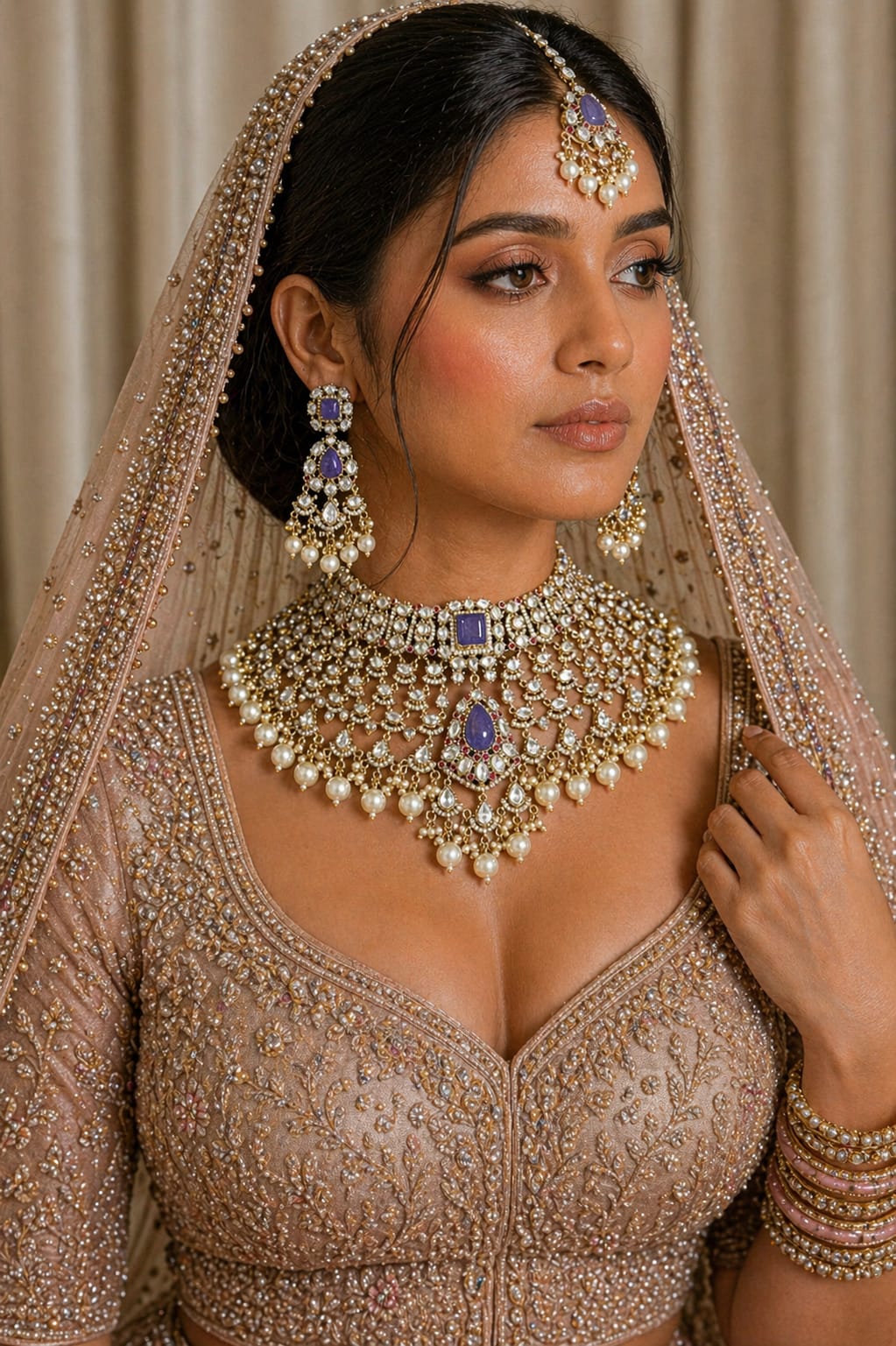 Close-up of Blue Stone Kundan Necklace with White Polki Work