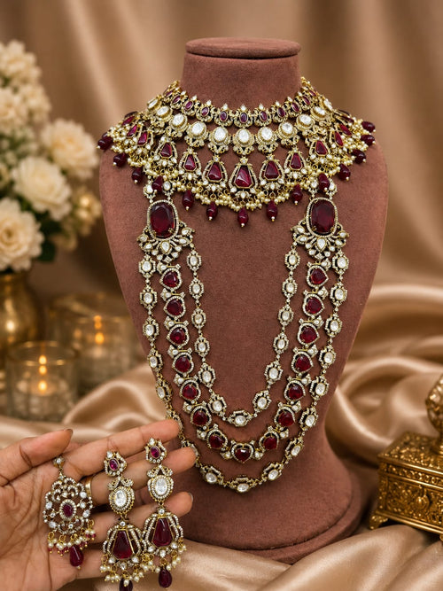 Ruby red bridal Kundan Polki jewellery set with choker long necklace and earrings
