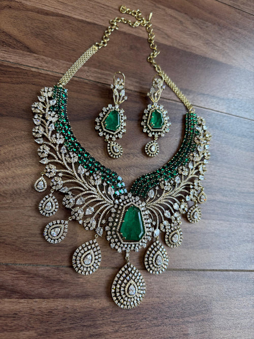 Bridal Kundan Polki Jewellery Set with Green Stone Necklace and Earrings