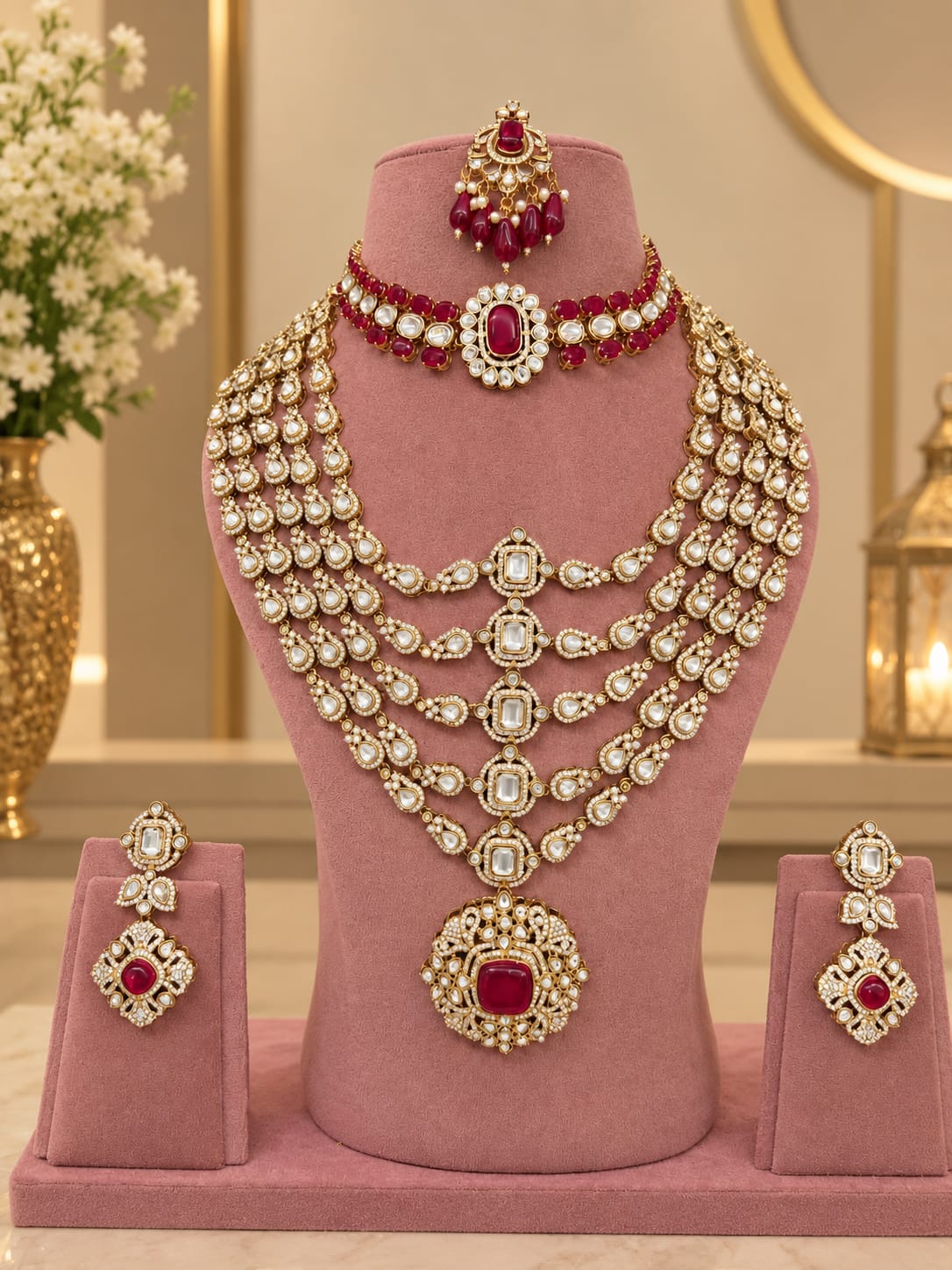 Shaahi Ruby Kundan Polki Choker & Long Haar Set - Kundan Polki Bridal Jewellery by Ganesh Kundan & Polki