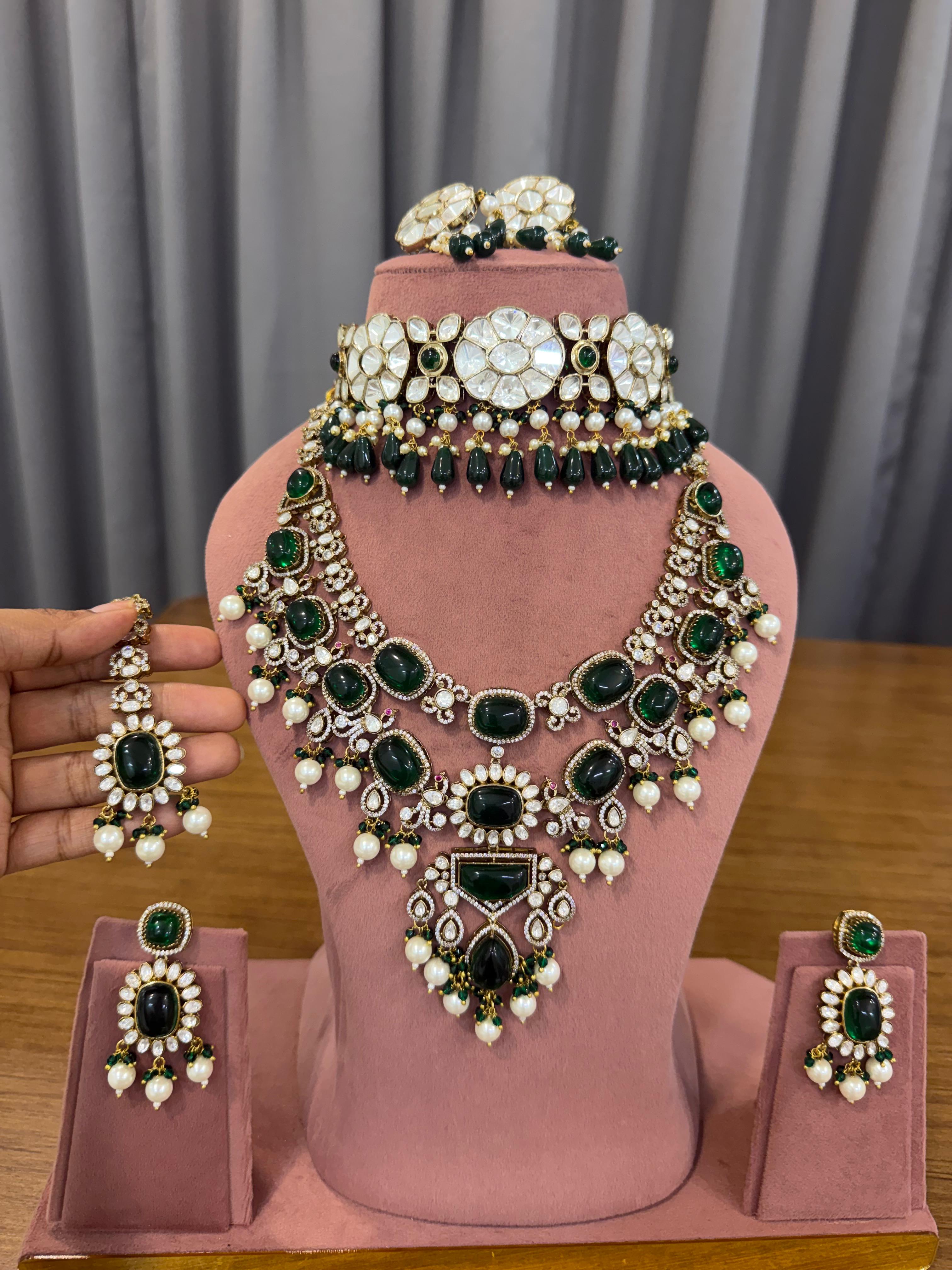 Royal Bridal Kundan and Polki Jewellery Set with Emerald Green Stones and Choker