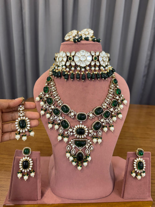 Royal Bridal Kundan and Polki Jewellery Set with Emerald Green Stones and Choker
