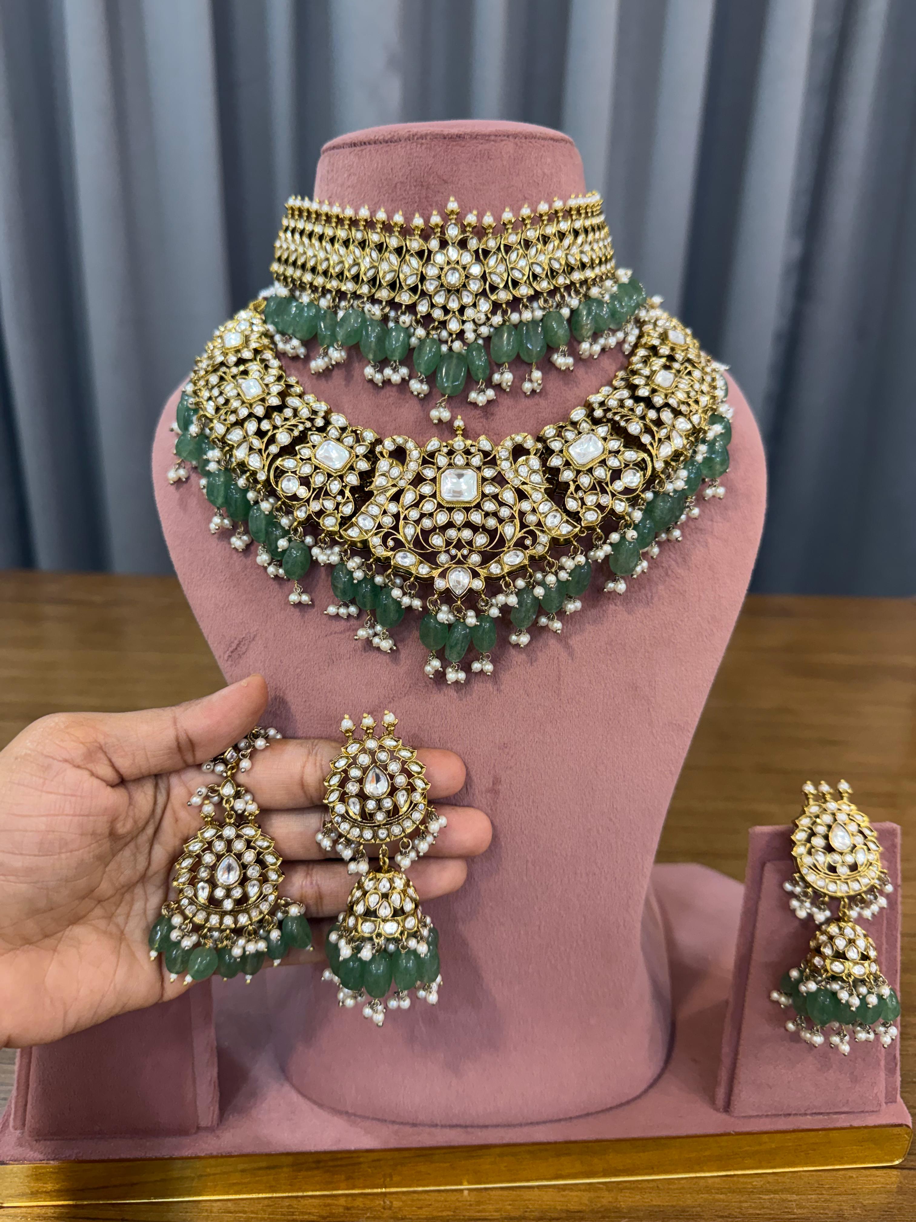 Bridal kundan polki jewellery set with green beads choker necklace and earrings