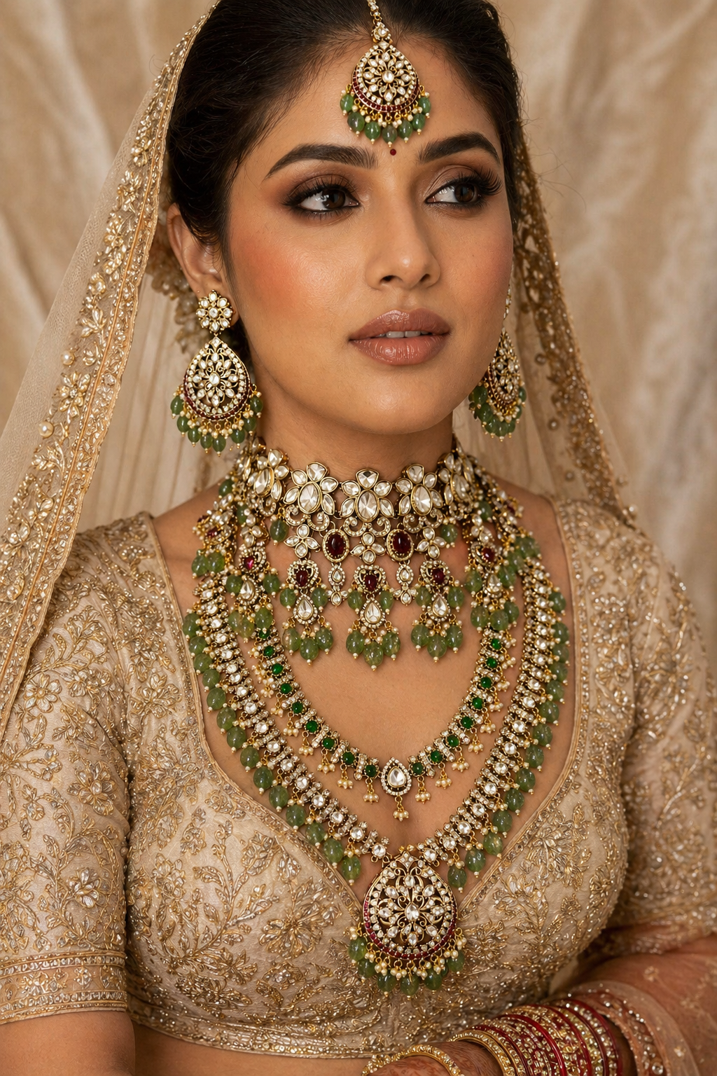 Green and ruby bridal kundan polki jewellery set for wedding