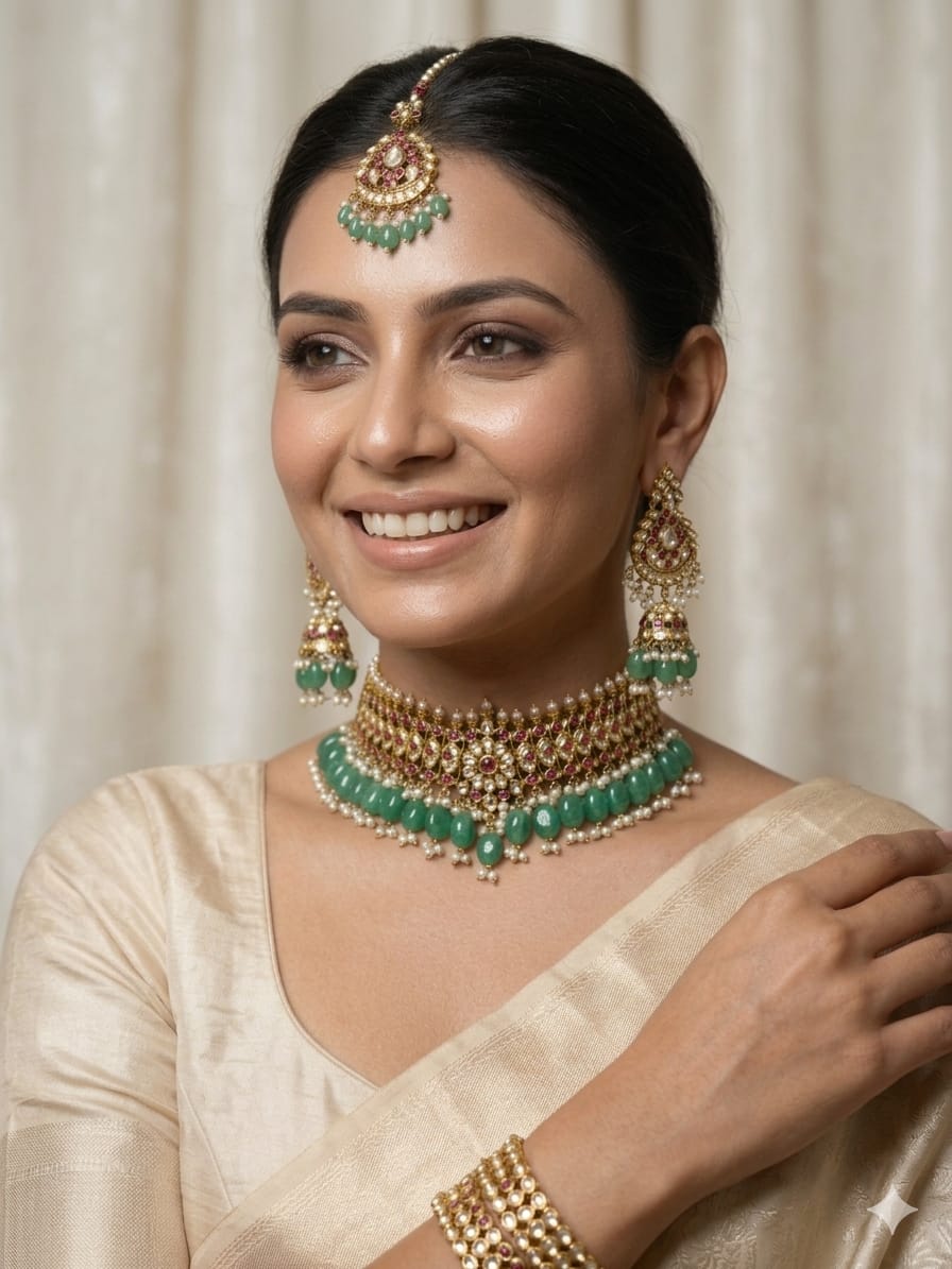 Mint Green Kundan Polki Bridal Choker Set for Wedding