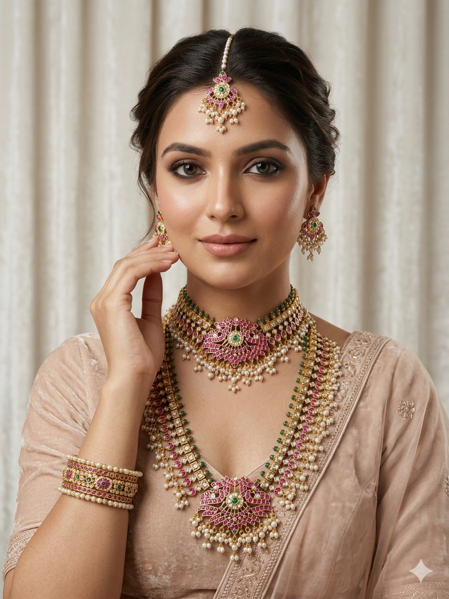 Indian bridal kundan jewellery set with maang tikka and earrings