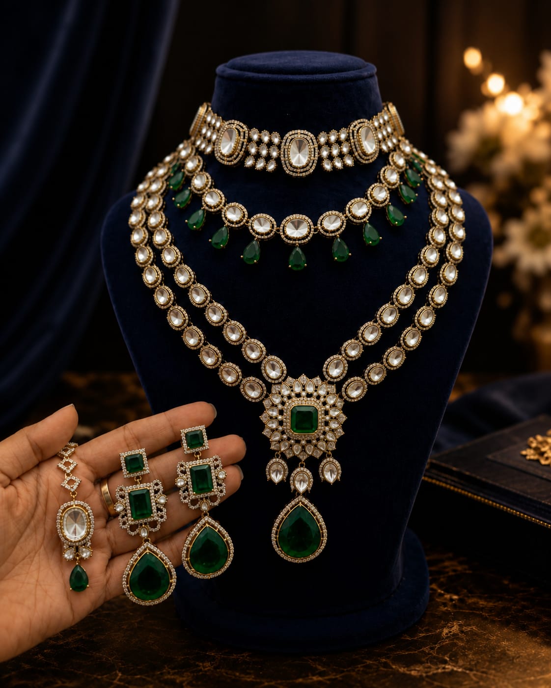 Royal emerald bridal kundan and polki jewellery set with choker and long necklace by Ganesh Kundan & Polki Jewellery