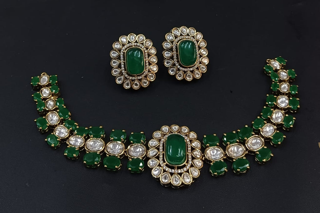 Emerald Green Bridal Kundan Polki Choker Jewellery Set with Earrings