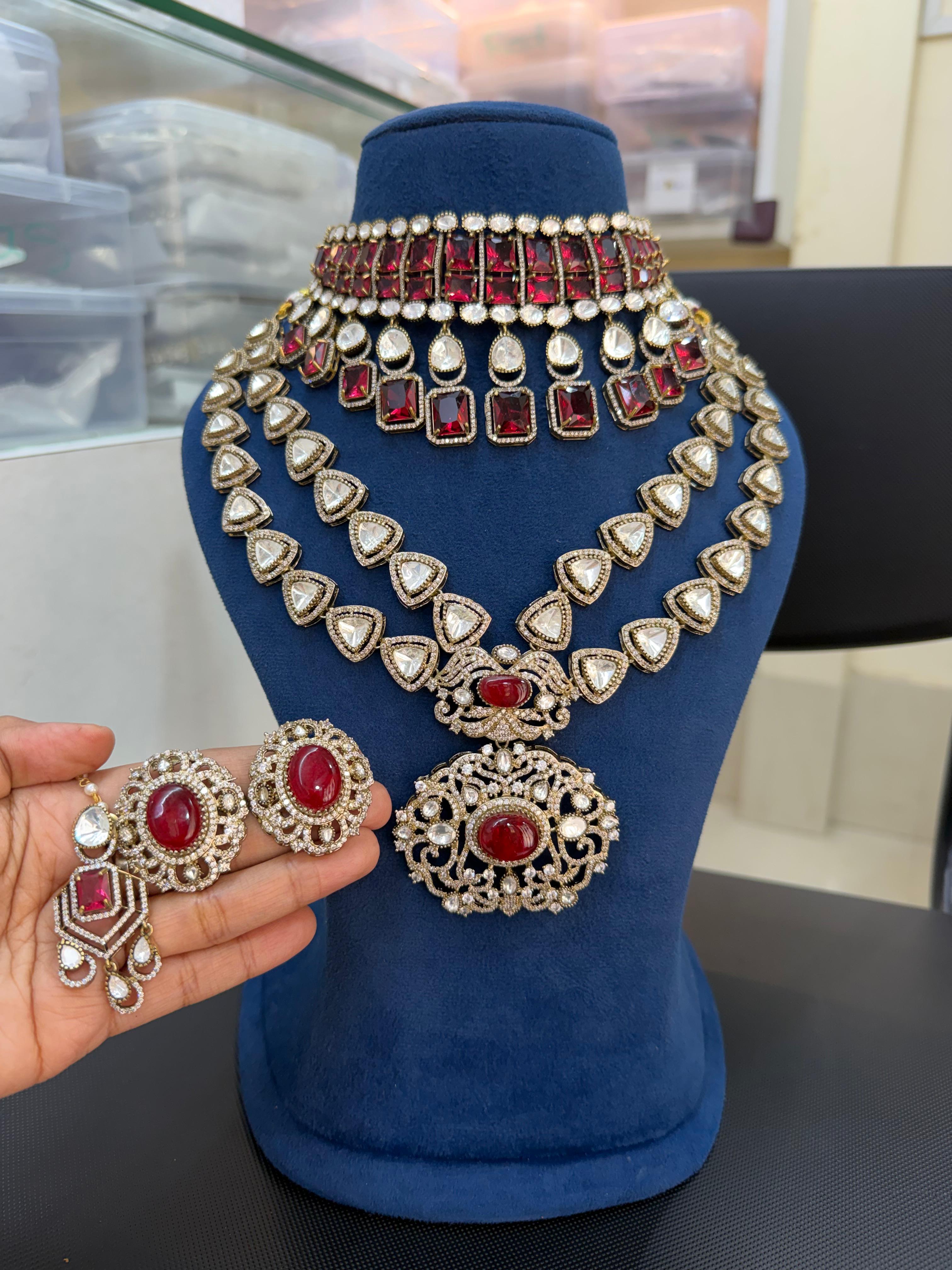 Bridal Kundan Polki jewellery set with ruby red stones choker long necklace earrings