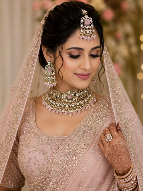 Traditional pink Kundan bridal jewellery set for wedding
