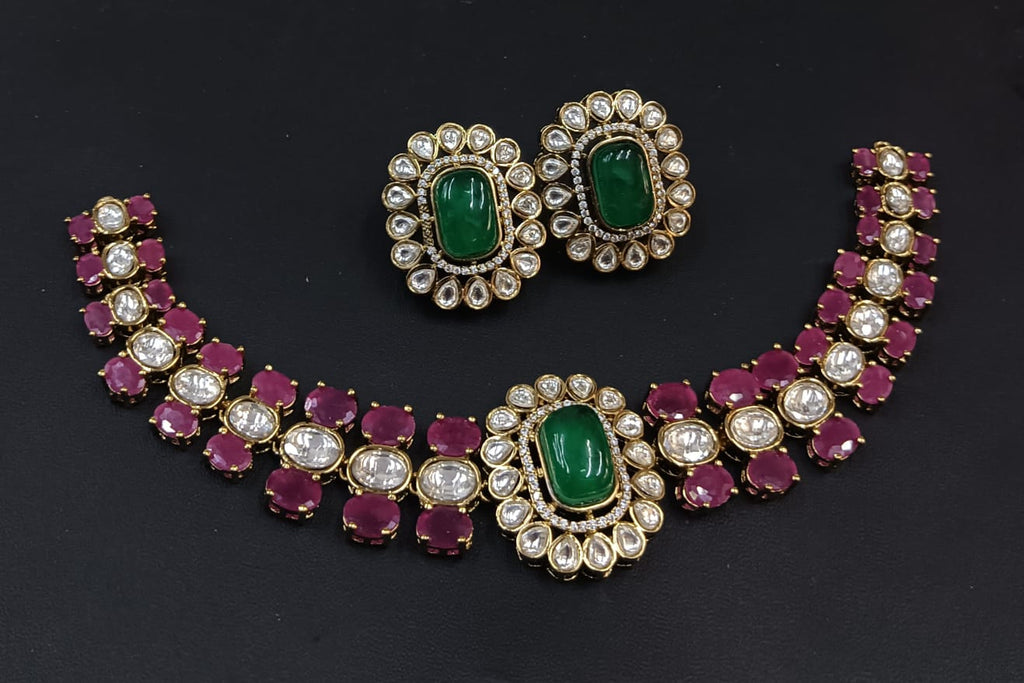 Bridal emerald green and ruby pink Polki Kundan choker jewellery set with earrings