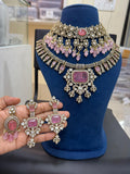 Bridal Kundan Polki Jewellery Set with Pink Stones Choker Long Necklace Earrings