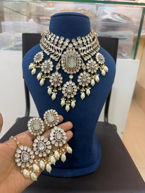 Ganesh Kundan and Polki Bridal Choker Set with White Pearls