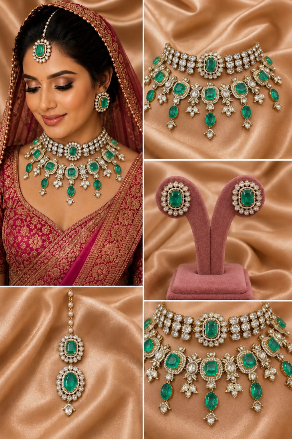Luxury bridal polki necklace set in emerald green