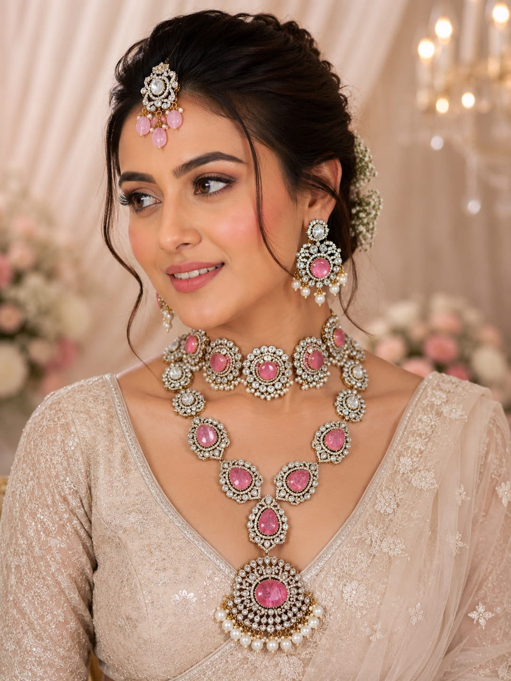 Designer Bridal Polki Choker and Long Necklace Set