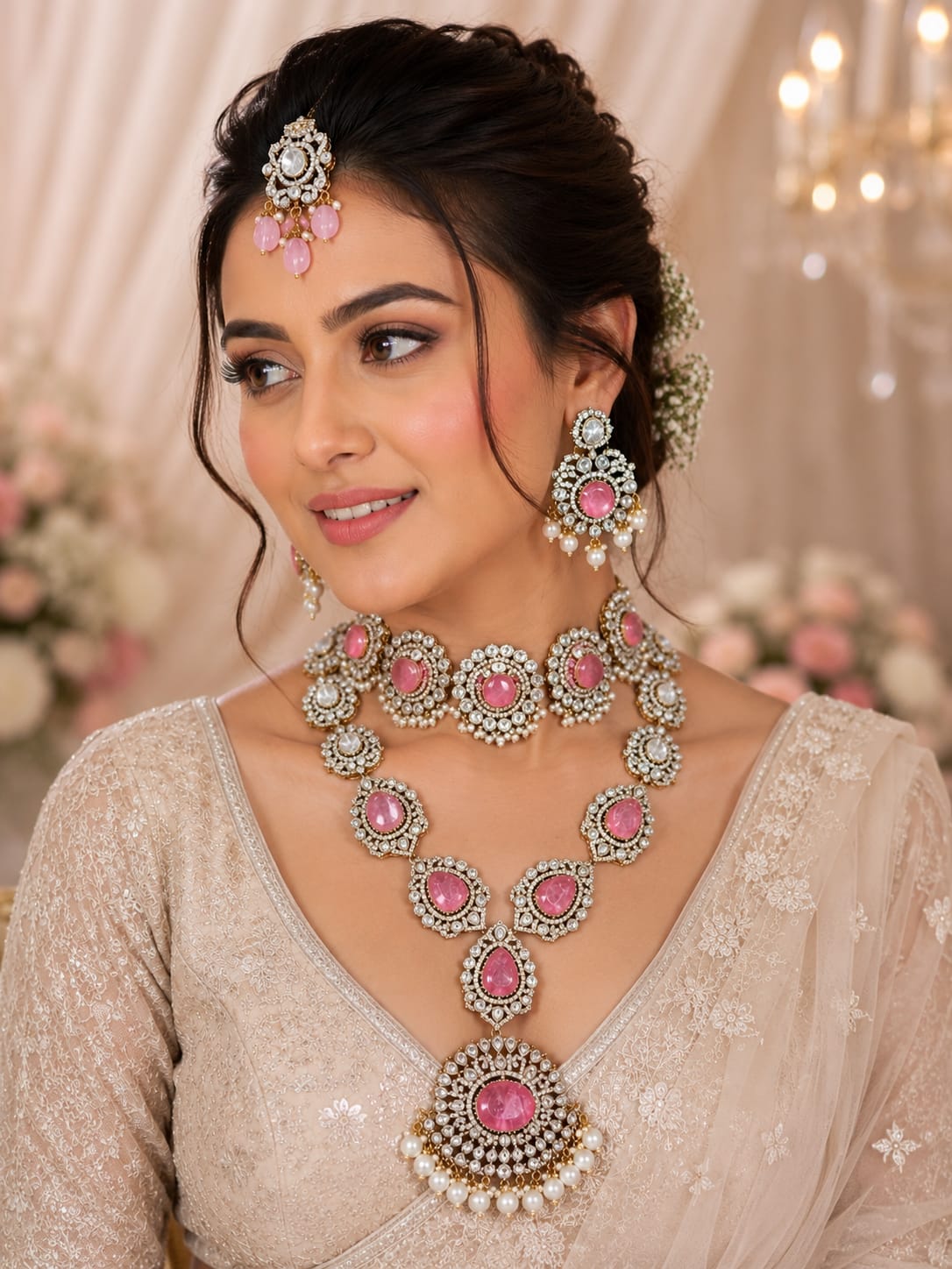 Designer Bridal Polki Choker and Long Necklace Set