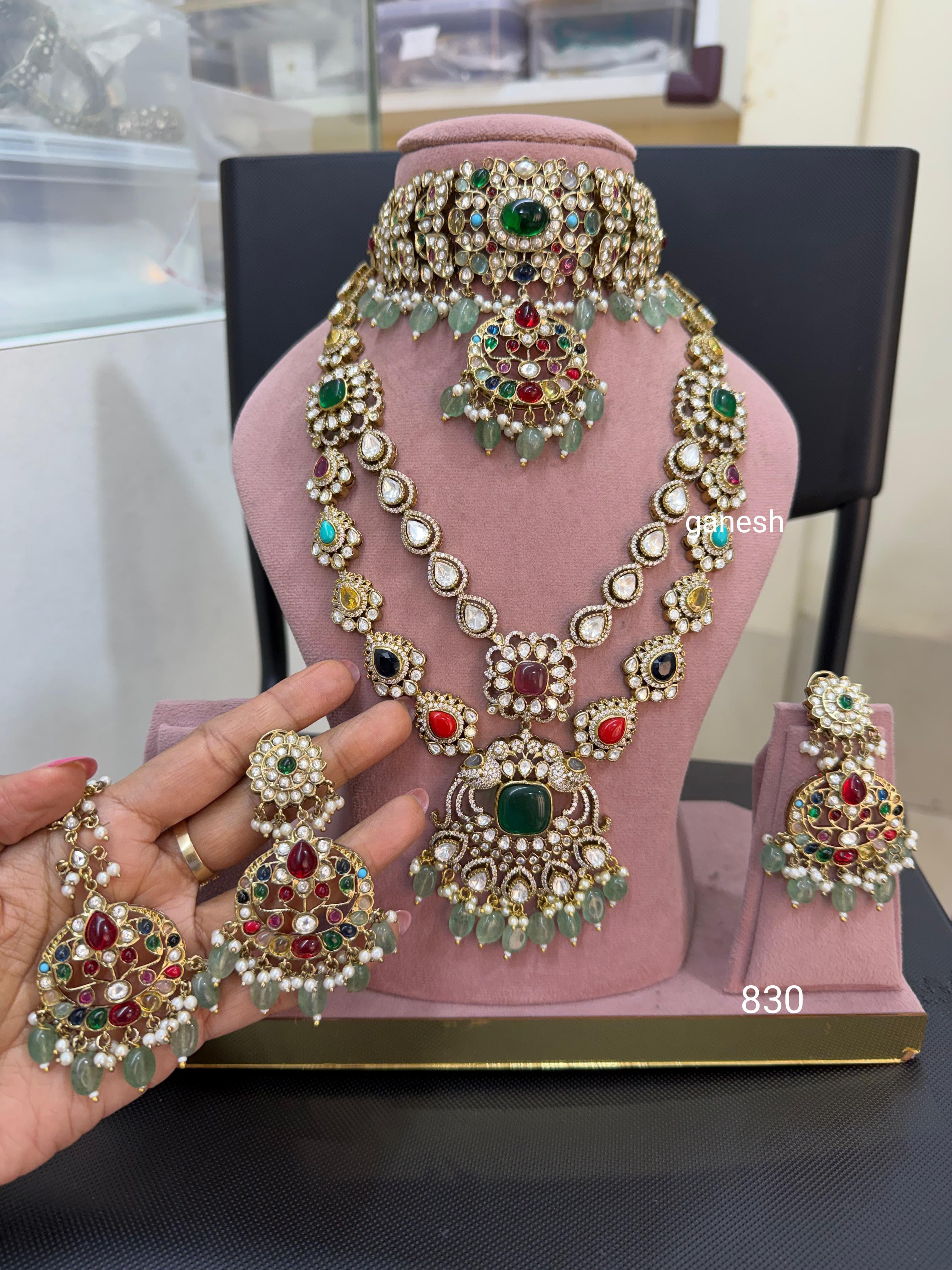 Bridal kundan polki jewellery set with green stones choker long necklace earrings