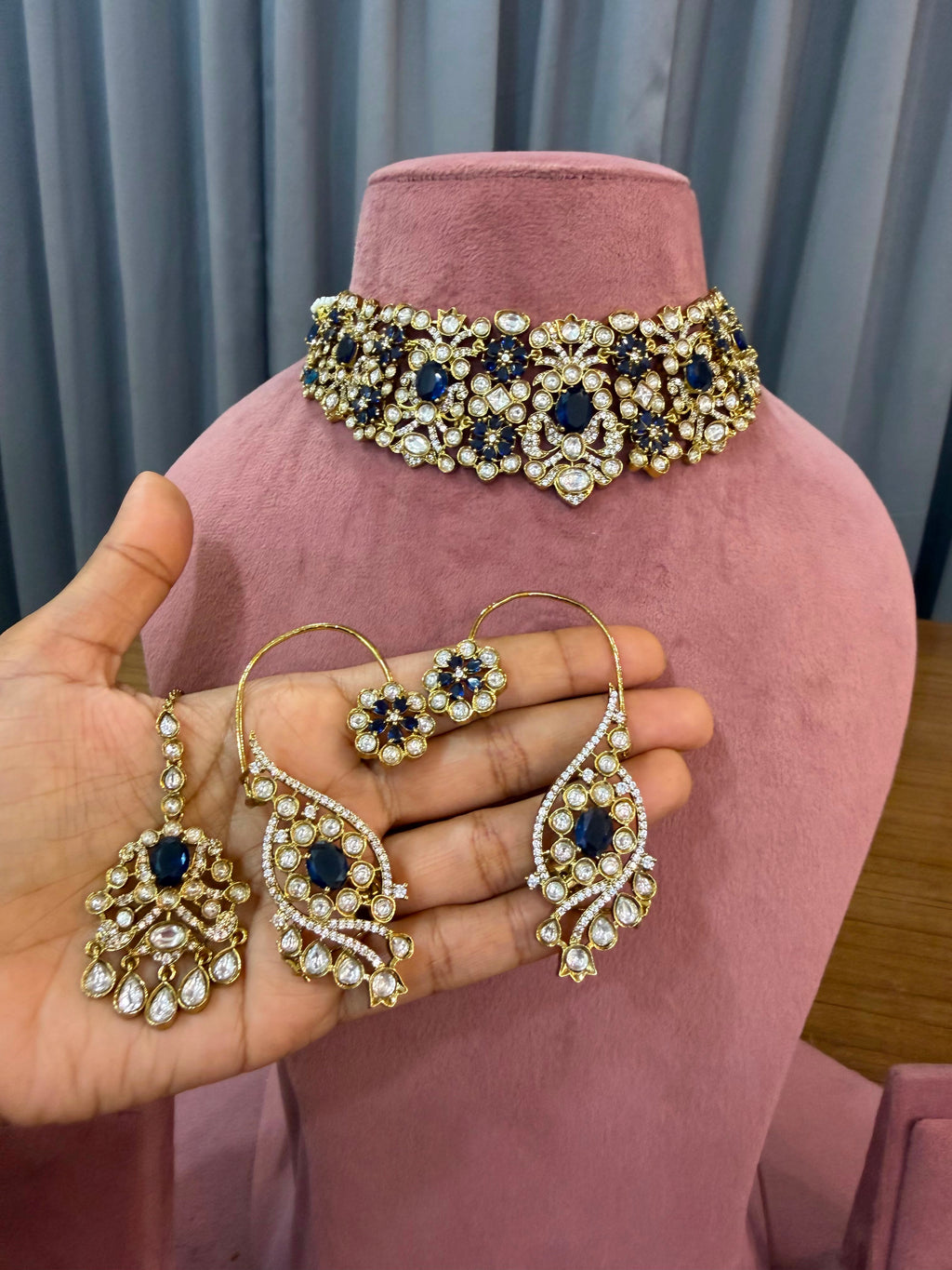 Premium Bridal Kundan Polki Choker Set with Royal Blue Earrings, Maang Tikka and Ring