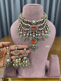 Bridal Kundan Polki jewellery set with choker long necklace mint green beads
