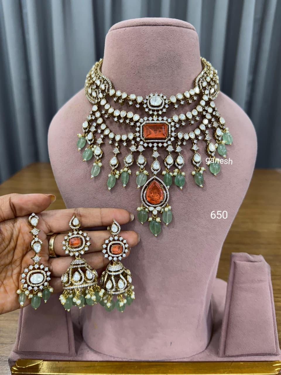 Bridal Kundan Polki jewellery set with choker long necklace mint green beads