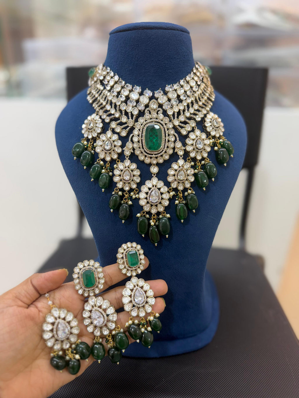 Emerald Green Bridal Kundan Polki Choker Jewellery Set with Statement Earrings