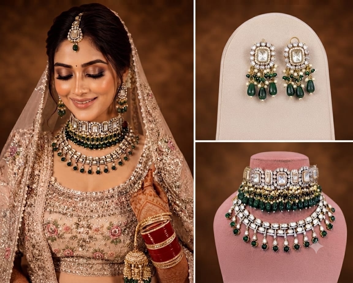 Luxury Artificial Bridal Polki Jewellery Set