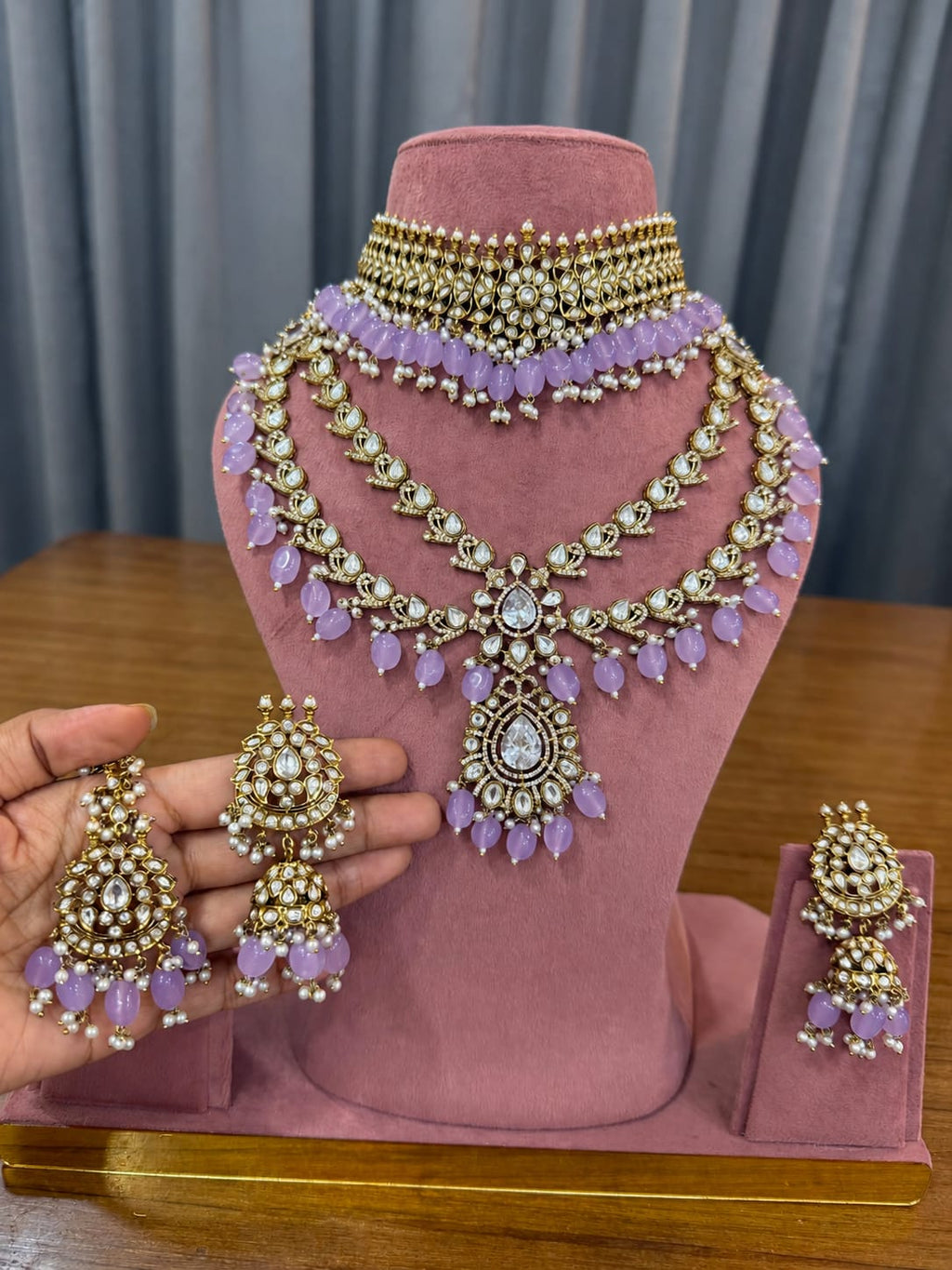 Purple Kundan Polki Bridal Jewellery Set with Choker, Long Necklace, Earrings and Maang Tikka by Ganesh Kundan Jewellery